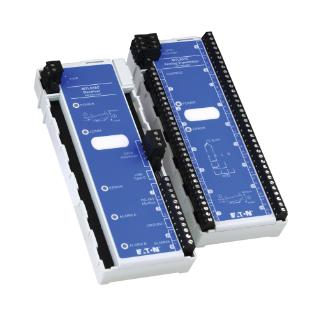 Two blue PCB modules with white housings and black terminal blocks, likely PLC I/O expansion modules.